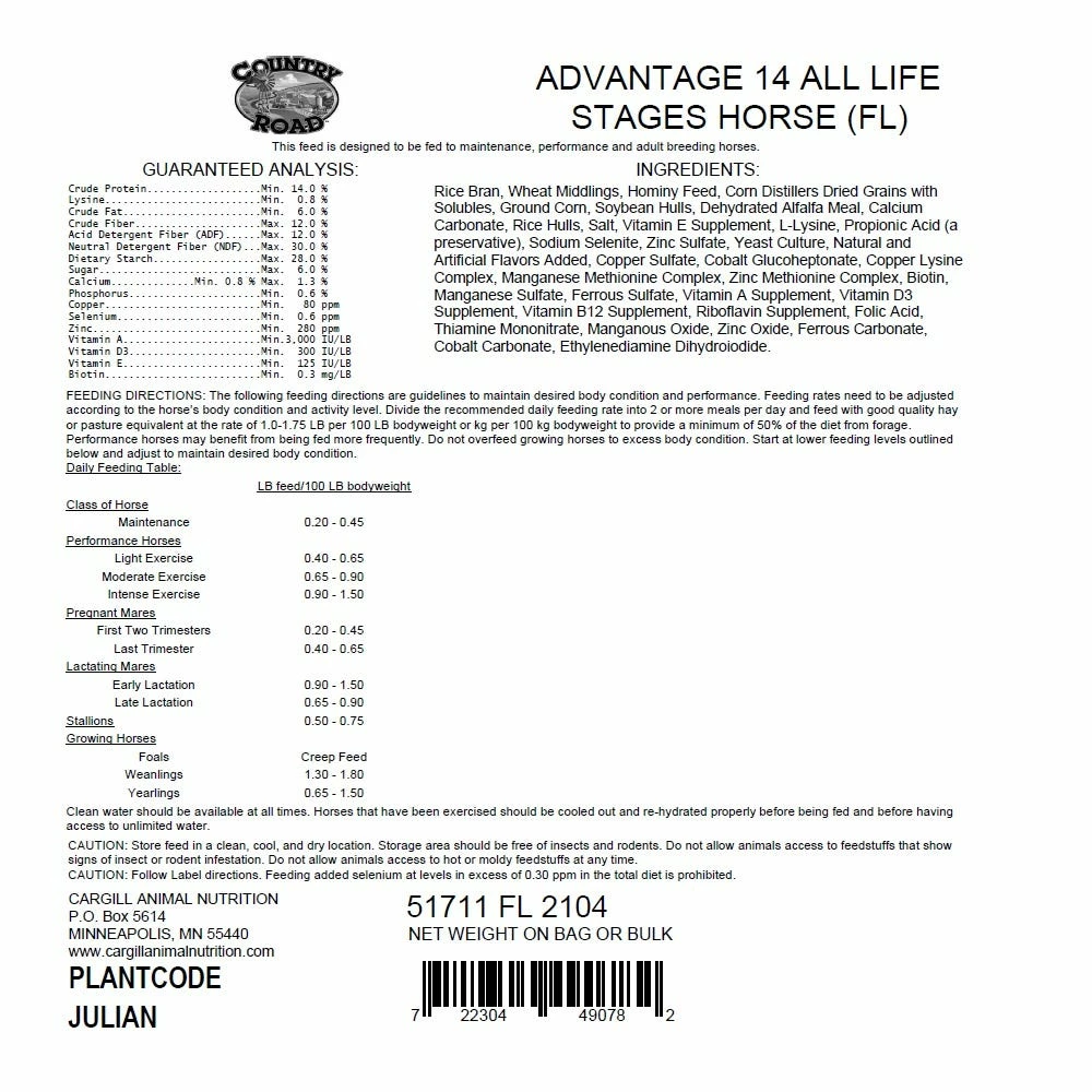 Country Road Advantage 14% All Life Stages Feed, 50 lb. Bag - Horse Feed 4 Country Road Advantage 14% All Life Stages Feed, 50 lb. Bag - Horse Feed - Image 2